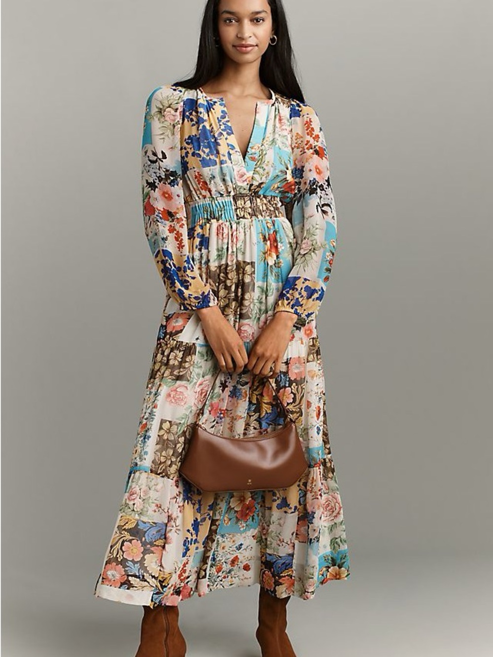 Floral Patchwork Long Sleeve Maxi Dress in Multi-Color